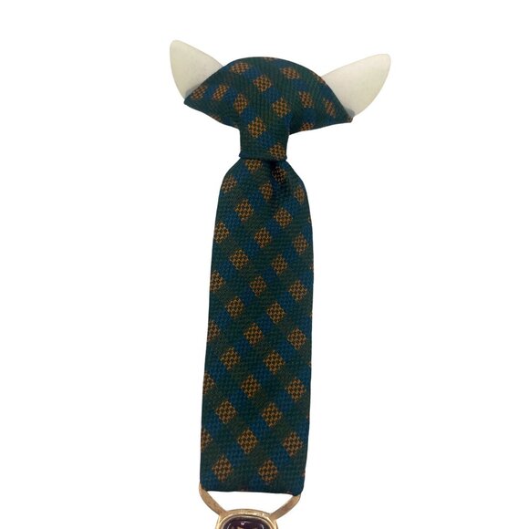 Vintage Green & Gold Plaid Men’s Tie Red & Gold Enamel Military BadgeVeterans of - Picture 1 of 5